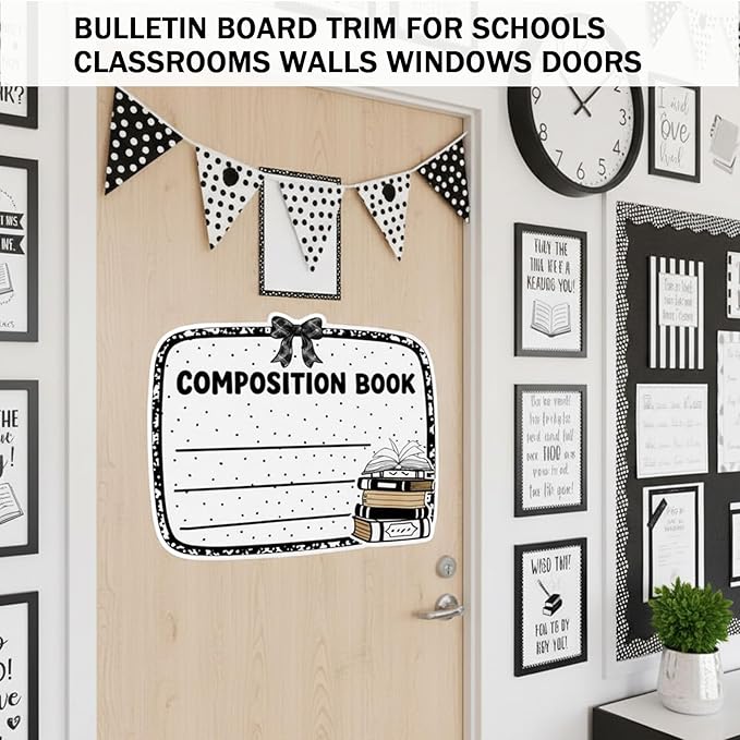 Gueevin 4 Pcs Large 23 * 16.5 inch Composition Book Cutouts Composition Notebook Bulletin Board Trim for Classroom Door First Day of School Wall Windows Porch Sign (Black White)