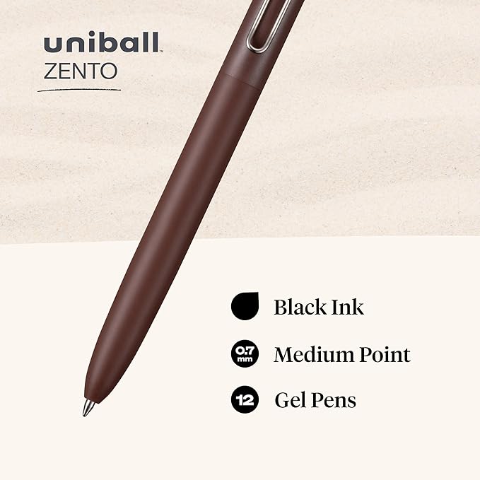 uniball Zento Liquid Gel Ink Retractable Pens, Medium Point (0.7mm), Boho Barrels, Black Ink, Dozen