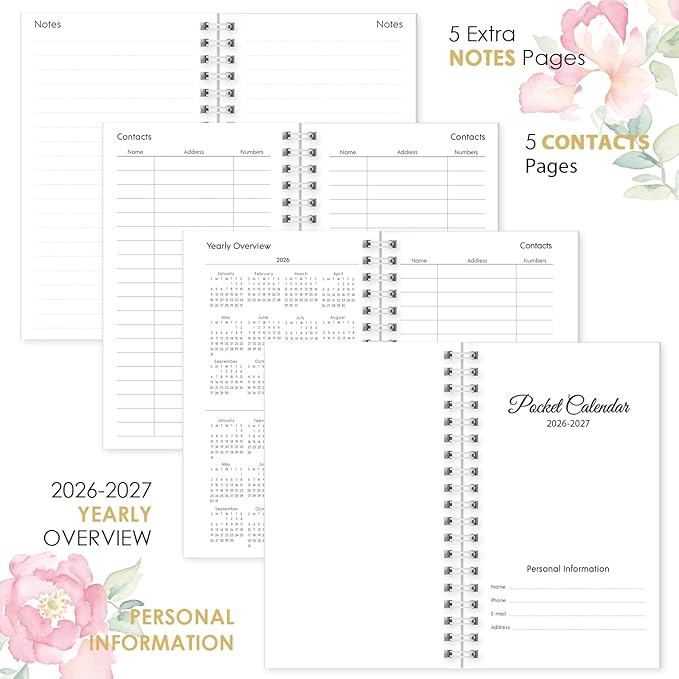 Pocket Calendar 2026-2027, Floral Small Planner -3.7" x 6.7" for Purse, Runs from January 2026 Until December 2027, Monthly Planner 2026-2027 with Coil Organizing & Planning