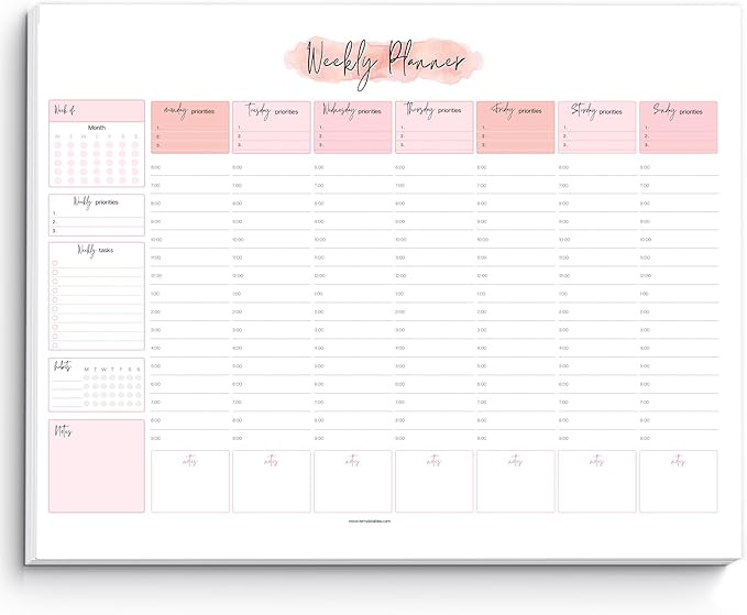 Weekly Hourly Planner Notepad, Daily Planner Desk Pad, Weekly Schedule, To Do List Note Pad, ADHD Planner | 50 Undated Tear Away Sheets | A4 (Pink)