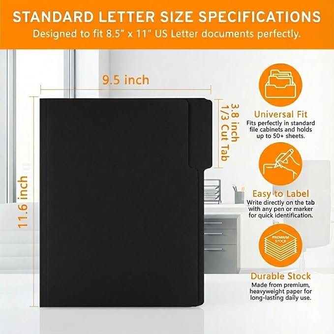 VZCPYTPM 100 Packs Colored File Folders,1/3-Cut Tabs,Letter Size File Folder,Manilla folders to Organize 8.5x11 documents,Ideal for Office,School and Home,Organizer Folder(Black,Blue,Red,Pink,Purple)