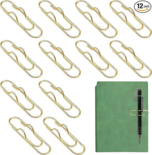 12Pcs Metal Pen Clip for Notebook, Portable Pen Holder Clip Pencil Clip, Multi Function Paper Clip Pen Holder Pen Paper Clip Bookmark Stationery Tool Office Supplies for Notebook Journals, Gold
