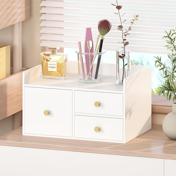 Bamboo Desk Organizer - Stackable, No Assembly Required, Ideal for Office/Home Use - Perfect for Toiletries, Stationery, Accessories. (White, Square drawer to the left of the fence)