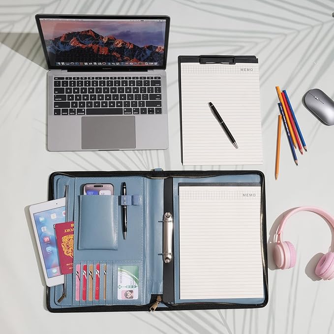 Wason A4 Portfolio with Zipper - Leather PU Padfolio with Detachable Ring Binder and Writing Notepad Holder, Conference File Multi-Pockets Organizer for Office Travel School (Misty Blue)