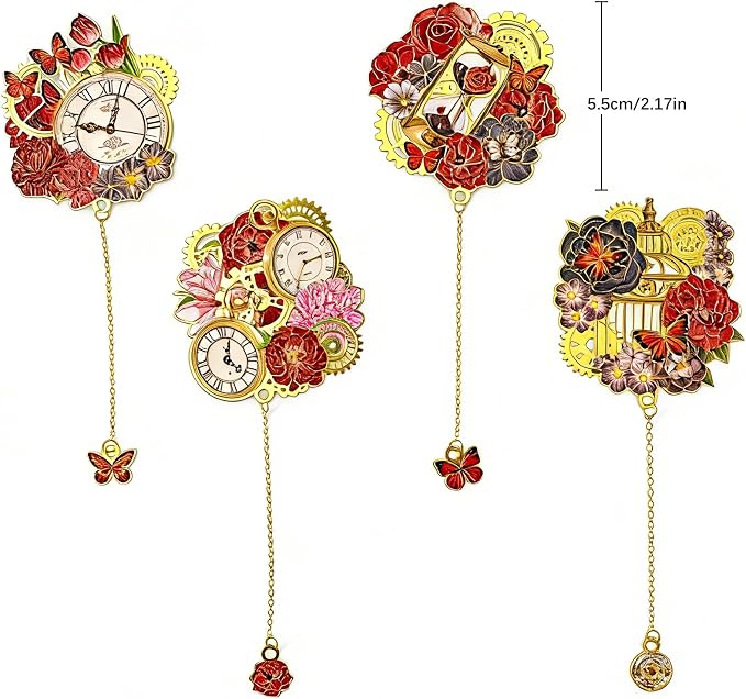 4 PCS Vintage Metal Bookmarks, Steampunk Book Mark with Clock&Flower Pendant for Book Lovers, Students, Teachers, Writers - Unique Reading Gift for Birthday, Graduation, Christmas