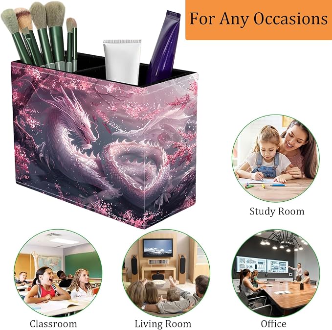 Pen Holder for Desk, PU Leather Multifunctional Desktop Storage Box and Anti-Slip Mouse Pad Set, Makeup Brush Holder Pen Organizer for Office and Home - Cherry Pink Dragon