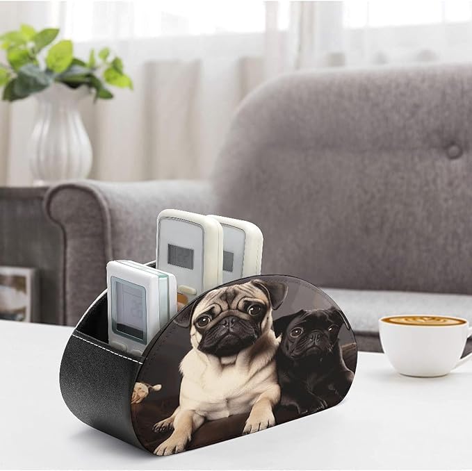 Pug Dogs Remote Control Organizer PU Leather Storage 5 Compartment Controller Holder Multi-functional Brush Organizer Box Office Supplies Caddy for Bedside