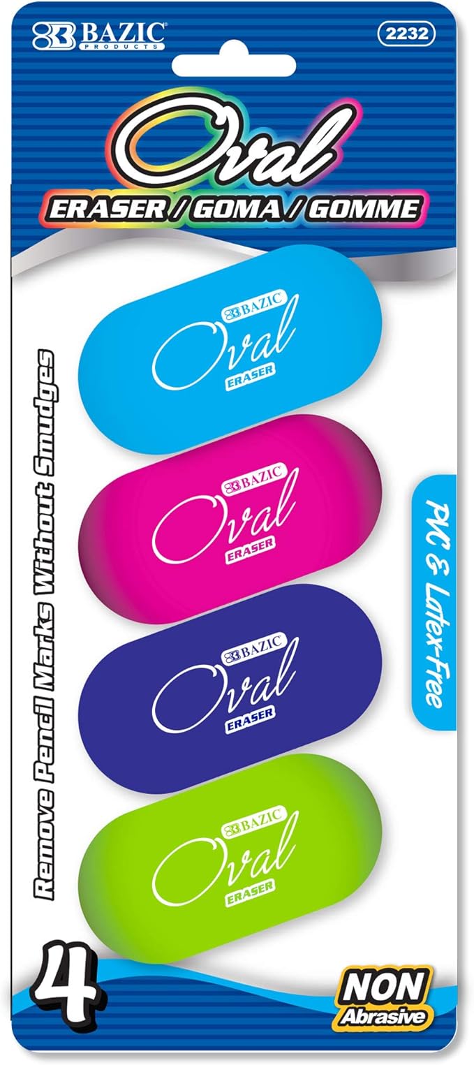 BAZIC Products Erasers, Bright Color Oval Eraser (4/Pack) Latex Free, Large Size Block Erasers for Art Drawing School Office Teachers, 2-Packs
