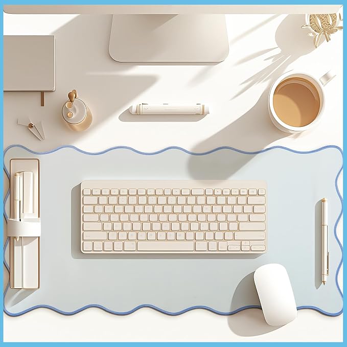 Hahafelt Scalloped Desk Mat Large Desk Pad Cute Coquette Table Mat Back to School Preppy Table Make up Pad Nonslip Graduation Gift with Stitching Waterproof Gaming(Blue,31.5 x 15.8 Inches)