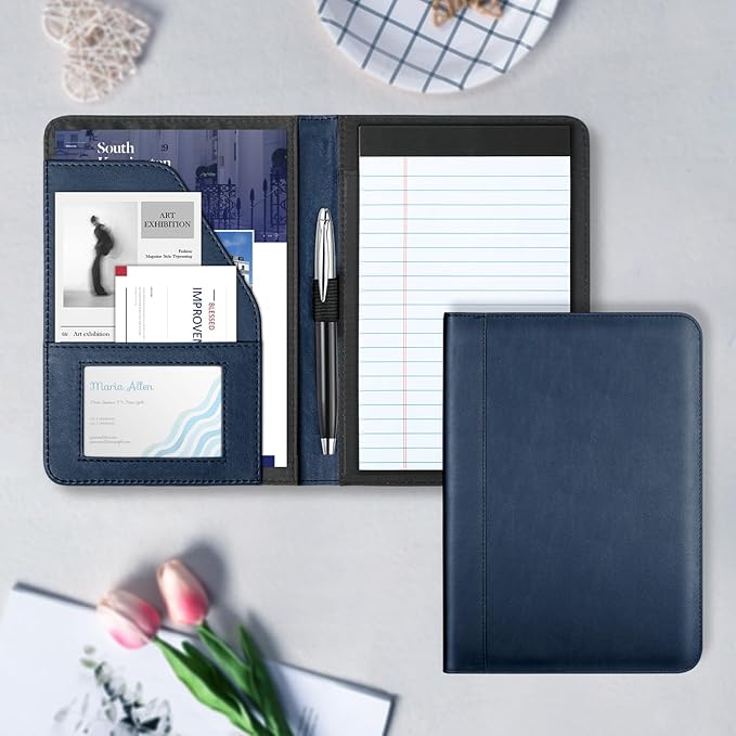 Portfolio/Business Padfolio Binder, Mini Size Document Folder Organizer, Padfolio with Interior Pocket and Pen Loop, 5 x 8 Writing Pad Included, Navy Blue