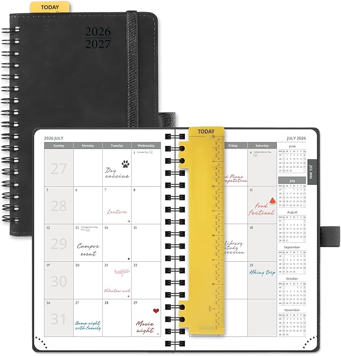 POPRUN 2026-2027 Monthly Planner, Small 4" x 6.25", 18 Month Calendar Agenda (July 2026 - December 2027) with Expense Tracker, Notes Pages, Sprial Bound, Leather Softcover - Black