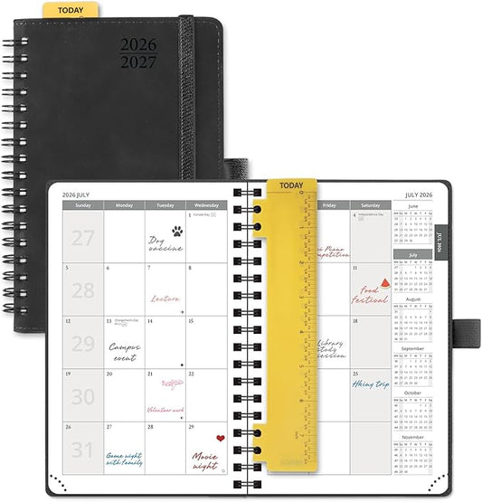 POPRUN 2026-2027 Monthly Planner, Small 4" x 6.25", 18 Month Calendar Agenda (July 2026 - December 2027) with Expense Tracker, Notes Pages, Sprial Bound, Leather Softcover - Black