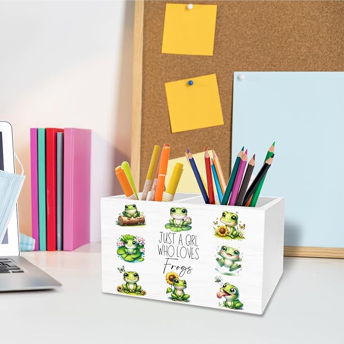 Cute Floral Frog Pen Holder for Desk, Gifts for Frog Lovers Pencil Organizer, Just a Girl Who Loves Frogs Wooden Box Sign Desk Decor for Home Office Decoration