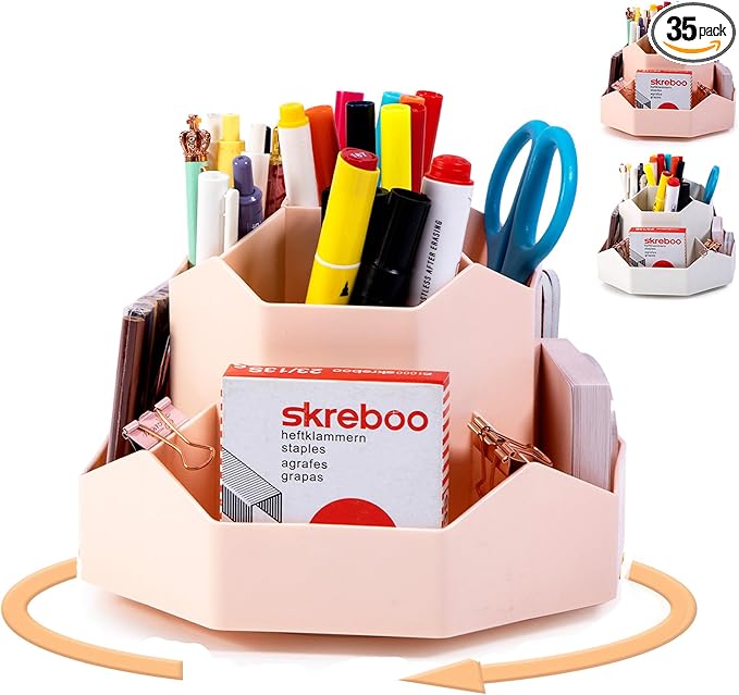 Pencil Pen Holder, 360° Rotating Pen Holder, Desk Organizer with 9 Slots, Desktop Stationery Storage for Office, School & Home, Art Supplies Desktop Decor, Pink