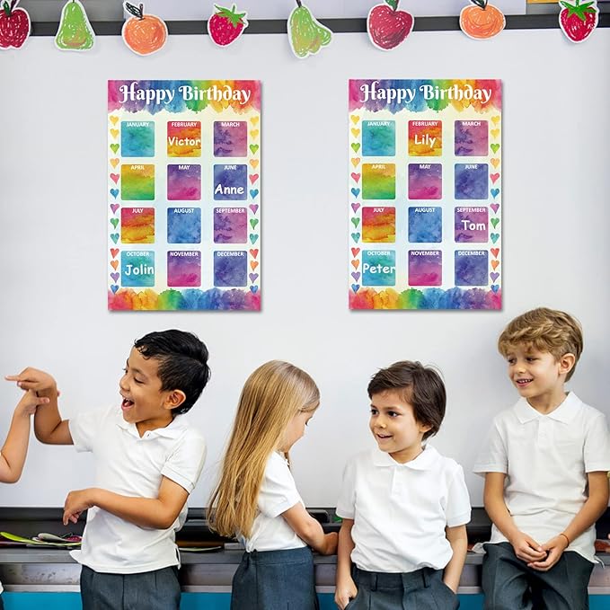 Happy Birthday Chart for Classroom, 2Pcs Birthday Poster Decoration 17’’ x 12’’Watercolor Birthday Calendar Cutouts for School Bulletin Board, Chalkboards, Wall Decor