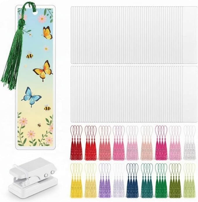 Fuyoooo 101 Pcs DIY Bookmark Making Kit Bookmark Laminating Pouches 5 Mil Hot Laminator Sleeves with Rainbow Tassels and Puncher Fit Most Pouch Laminating Machines Easter Gift(2.36 x 7.87 Inch)