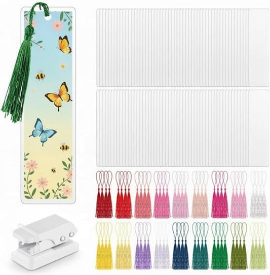 Fuyoooo 101 Pcs DIY Bookmark Making Kit Bookmark Laminating Pouches 5 Mil Hot Laminator Sleeves with Rainbow Tassels and Puncher Fit Most Pouch Laminating Machines Easter Gift(2.36 x 7.87 Inch)