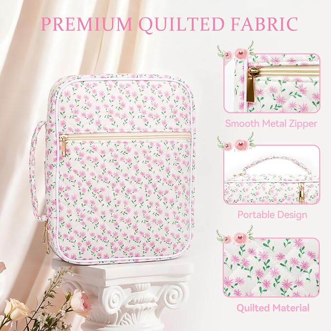 Bible Cover Case for Women Large Quilted Bible Carrying Bag with Handles Bible Study Supplies & Accessories Christian Gifts for Women(Cotton-Purple, M)