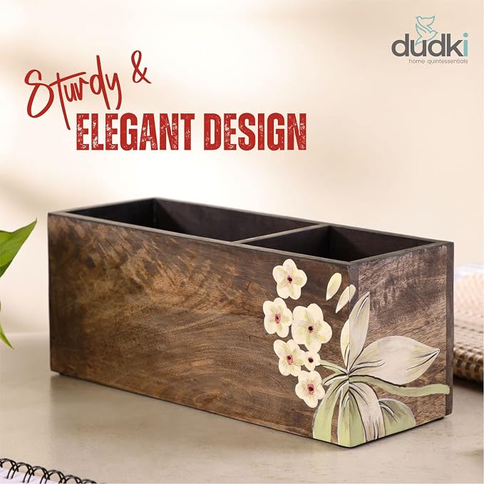 dudki 2 Compartment Floral Design Wooden Desk organizer caddy For Multipurpose stationary Storage Pen Stand Accessories With 2 Slots, Wooden, Classy looking dining table décor