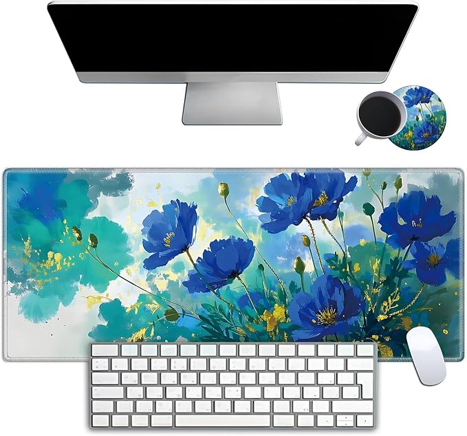 Mouse Pad Gaming Mousepad 31.5x11.8 Inch XXL Large + Coasters,Desk Mat with Stitched Edges, Non-Slip Rubber Base, Thick Mouse Pad for Computer, Laptop, Office & Home - Blue Flower