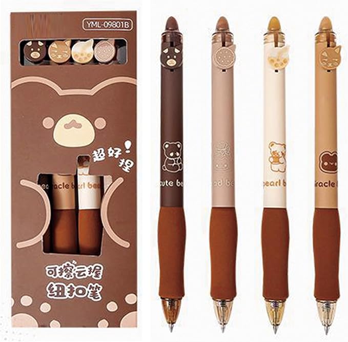 MOZXIRZ 4 Pcs Erasable Gel Ink Pens Retractable Cute Bear Pens 0.5mm Fine Point Office School Women Girls Pens (Blue Ink-Coffee Bear)