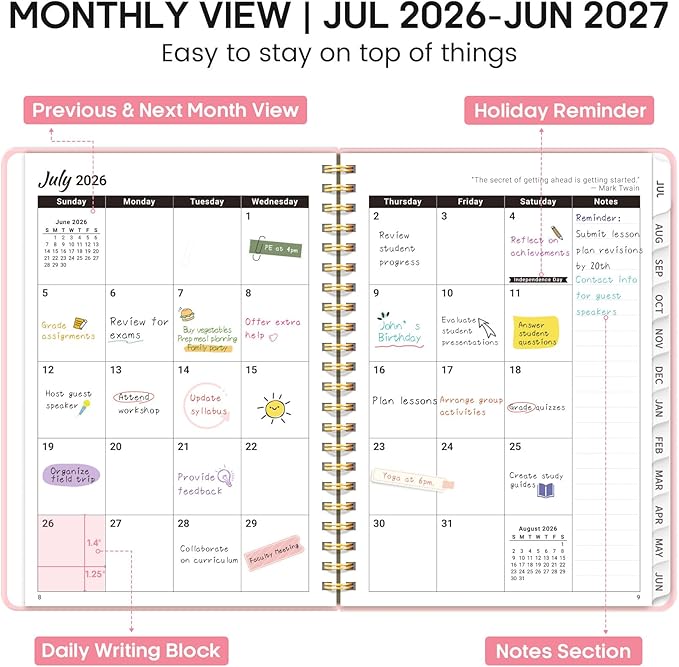 Academic Planner 2026-2027, Weekly and Monthly Calendar Planner Book, July 2026 – June 2027, Hardcover Organizer with Tabs, Perfect for Teachers, Students, Women & Men, A5 (6.4" x 8.5") - Pink