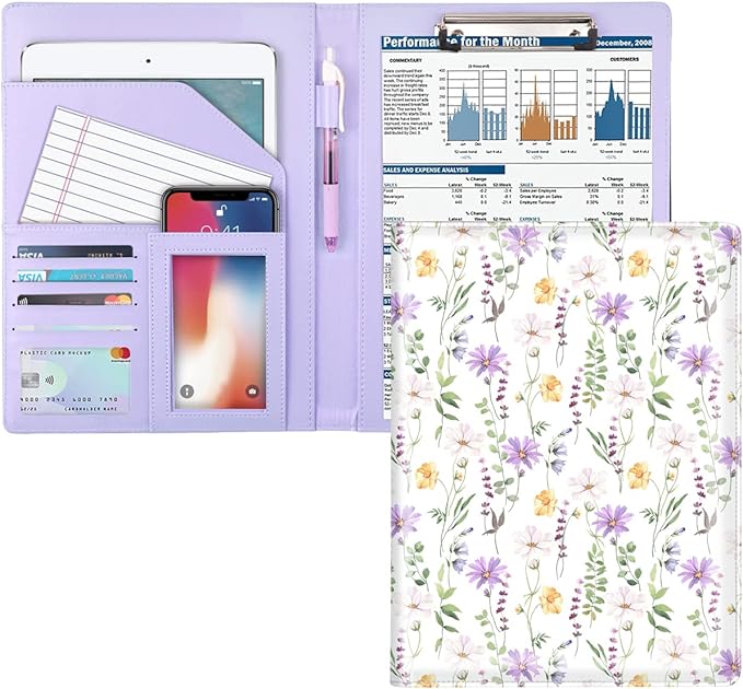 WAVEYU Padfolio Portfolio Folder, Faux Leather Interview Resume Legal Pad with Document Organizer & Business Card Holder, Professional Work Padholder with Pen Loop Clipboard for Women, White Flower