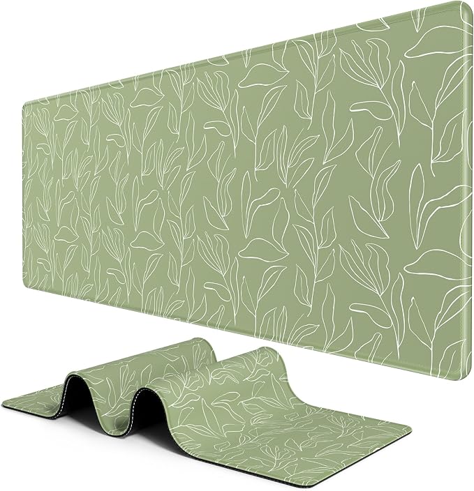 BosoBo Large Gaming Desktop Mat - XXL XXL Full Cover 35.5 x 15.7 Inches, Minimalist Green Leaf