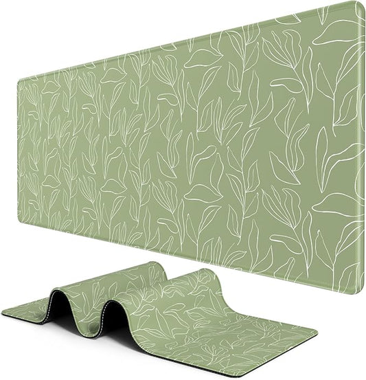 BosoBo Large Gaming Desktop Mat - XXL XXL Full Cover 35.5 x 15.7 Inches, Minimalist Green Leaf