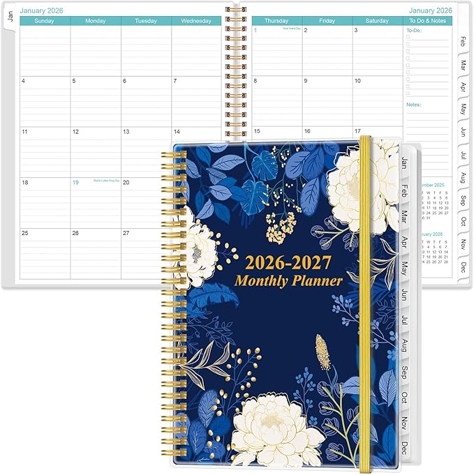 2026-2027 Monthly Planner - 18 Monthly Calendar, January 2026 - June 2027, Two Pages Per Month, 9" x11" Planner with Tabs, Strong Twin-Wire Binding, Inner Pocket, Blue Leaf Flower