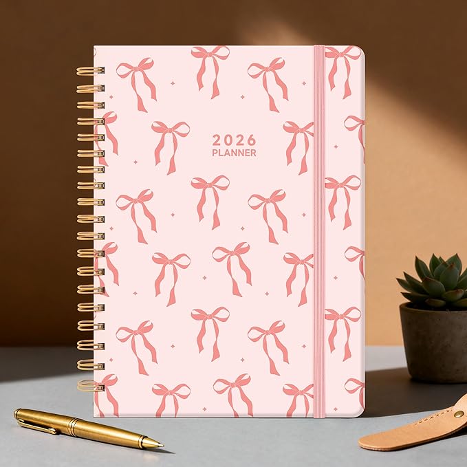 2026 Planner Weekly and Monthly, Jan.2026 - Dec.2026, Hardcover Calendar 2026 Agenda Daily Planner Book Spiral Notebook with Monthly Tabs, 7.4" x 10.2", Pink Bow