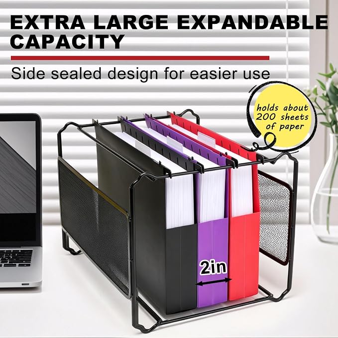 Navona Plastic Hanging File Folders, 10 Pack Extra Capacity 2" Expanding Pockets, Heavy Duty Letter Size with Clear Tabs, 10 Assorted Colors for Home Office Filing Cabinets