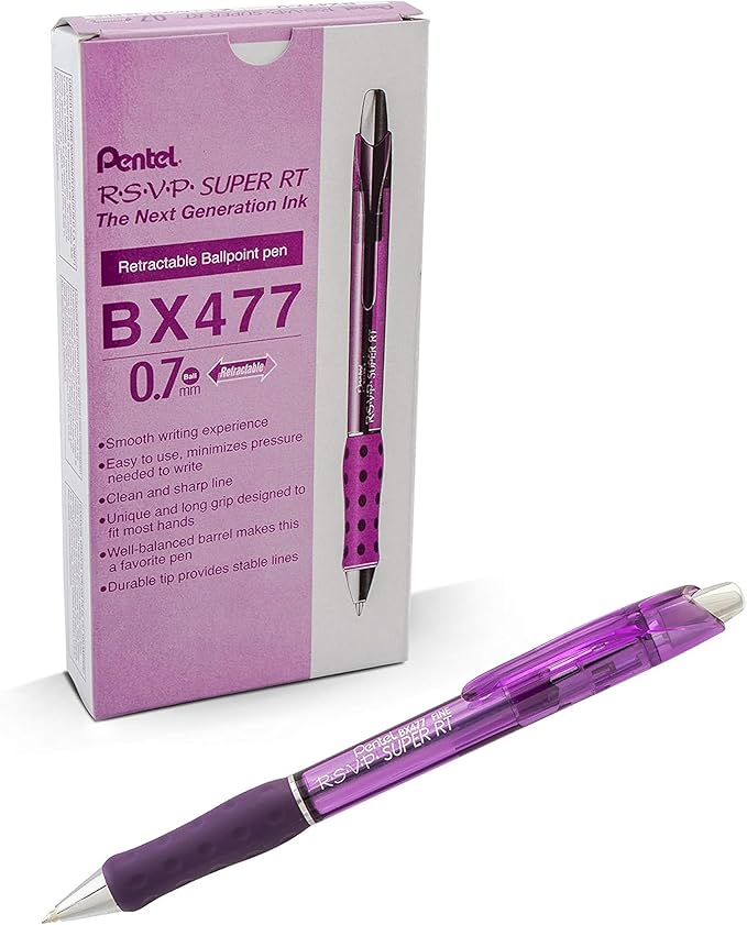 Pentel RSVP Super RT Ballpoint Pen, (0.7mm) Fine Line, Violet Ink (BX477-V)