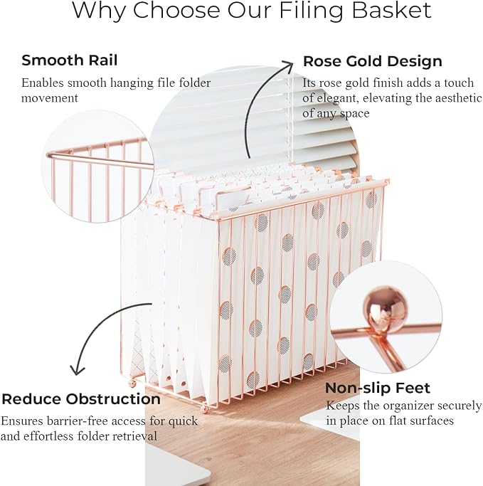 Y YOMA Hanging File Organizer, Letter Size Rose Gold Metal Desk File Crate Storage Basket for Home Office, 1 Pack, I Shaped