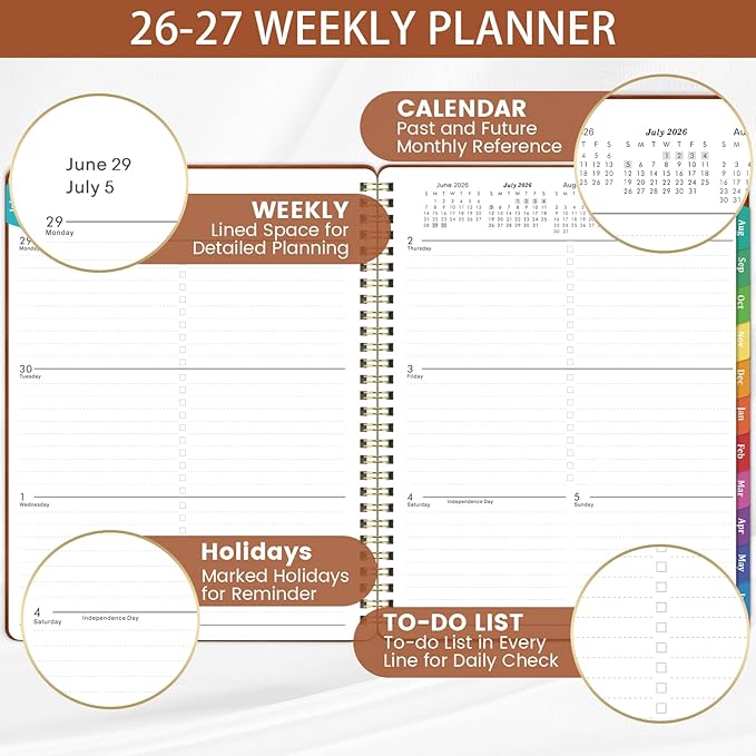 Planner 2026-2027 - July 2026 - June 2027, 2026-2027 Academic Weekly Monthly Planner, 8" x 10", Leather Brown Cover, Spiral Bound, Tabs