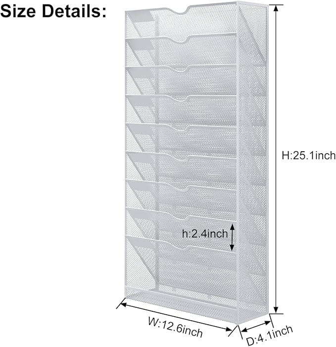 Hanging Wall File Organizer,10-Tier Desk File Mail Holder, Paper Bill Organization For Office Home School, White