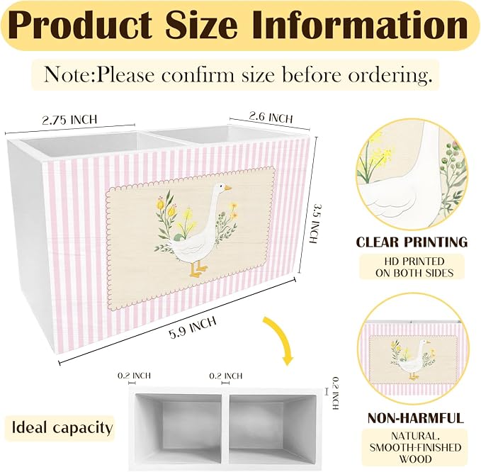 Pink Floral Goose Pen Pencil Holder for Desk, Goose Nursery Decor, Pink and White Striped Flower Geese Wooden Box Sign Desk Decor for Kids Girls Room Nursery Playroom Decoration