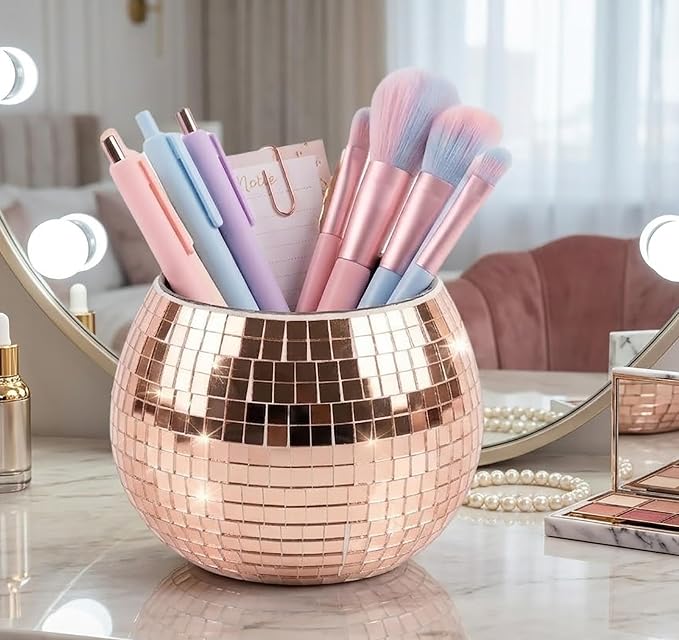 Disco Ball Pencil Holder for Desk - Cute Office Decor & Makeup Brush Organizer, 4.7 Inch Sparkly Glass Pen Cup, Fun Desk Accessories for Women (ROSE GOLD)