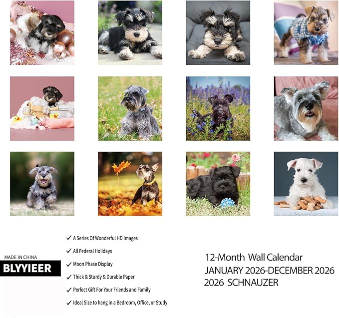 2026 Wall Calendar,Schnauzer Wall Calendar, 12" x 24" Open,Family Planner Calendar Organizer with Schnauzer Images, for Dogs Lovers