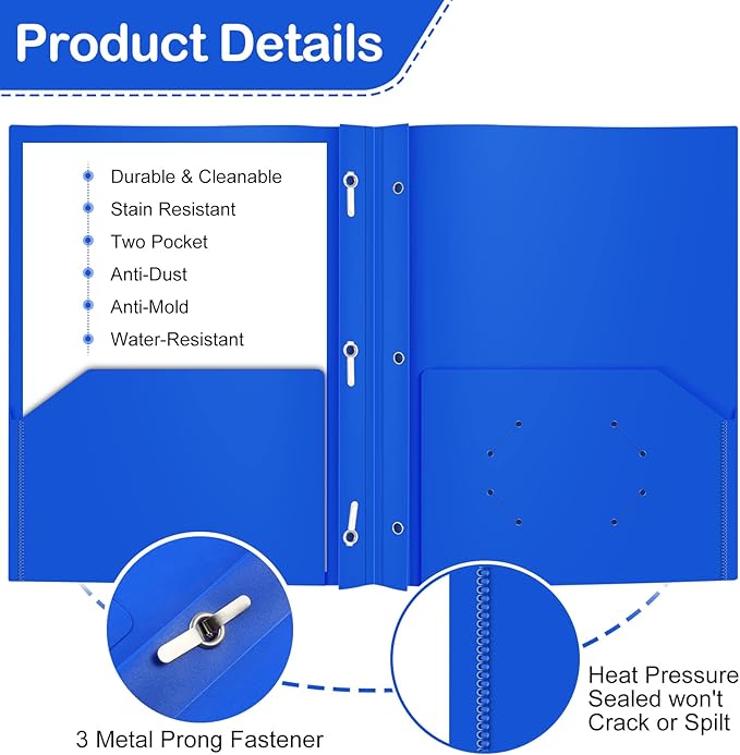 Heavy Duty Plastic Folder, 60 Pack, Pocket Folder with brads, Letter Size Poly File, Plastic Folders with 3 Prongs Fasteners - Blue