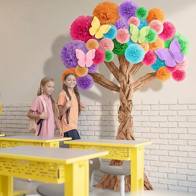 Pasimy 3D Cardboard Tree for Classroom Wall Bulletin Board - DIY Blooming Tree with Paper Pom Poms Pastel Butterflies Kraft Crafts for Kindergarten Preschool Elementary Daycare School Decorations