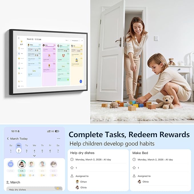 Digital Calendar, 15.6 Inch Wall Planner Electronic Calendar & Chore Chart, Smart Touchscreen Interactive Display for Family Schedules, Great for Organizing Your Routines, Wall & Desk Mountable
