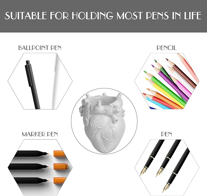 Anatomical Heart Pencil Holder, White Resin Organ-Shaped Pen Cup Desk Organizer, Realistic Human Heart Decor, Stable Base