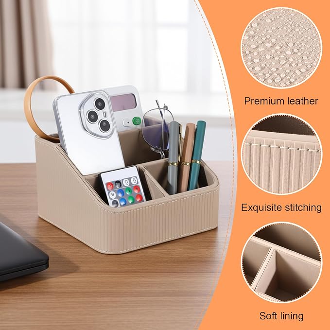 Kenaeeooe Remote Control Holder, Small Desk Organizer with 4 Compartments, Pu Leather Desktop Caddy for Office Supplies & Home Accessories, Bedside Nightstand Storage (Beige)