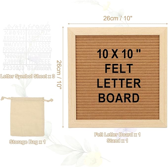 PATIKIL Felt Letter Board, 10x10Inches Brown Wooden Changeable Message Board with Storage Bag Stand for Kitchen Menu Classroom Farmhouse Decor Notes, White Letter