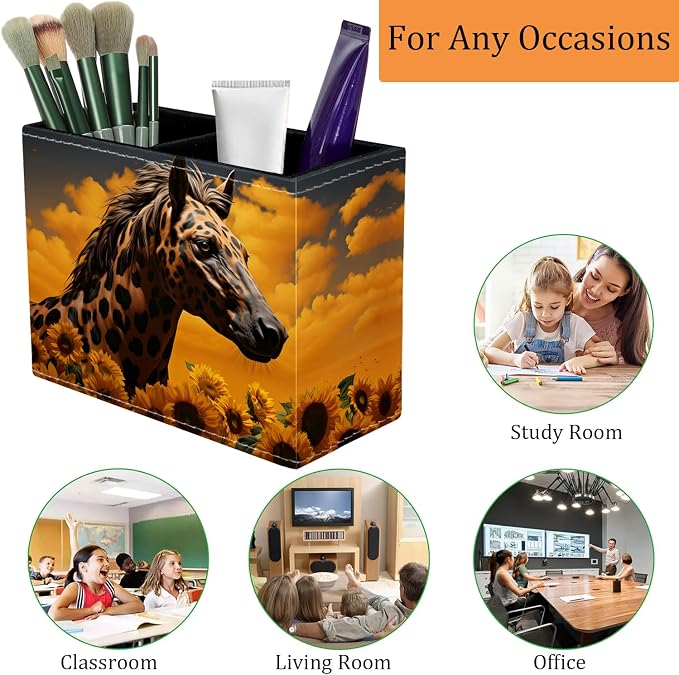 Pen Holder for Desk, PU Leather Multifunctional Desktop Storage Box and Anti-Slip Mouse Pad Set, Makeup Brush Holder Pen Organizer for Office and Home - Horse Leopard Print Sunflower