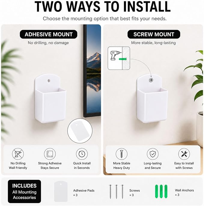 3 Pack Remote Control Holder Wall Mount, Adhesive Remote Holder with Screw Installation Storage Organizer for TV/Media/Air Conditioner Remotes For Home Office School White