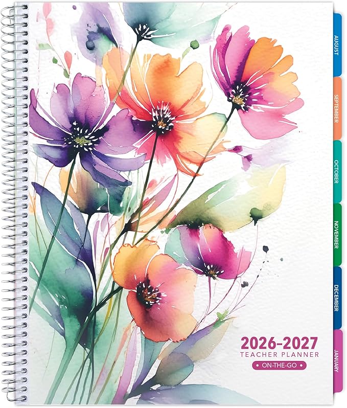 LITE TEACHER PLANNER - Aug 2026-Jul 2027, 8.5" x 11" Daily Weekly Monthly Organizers - Includes 7 Periods, Dated Calendar, Page Tabs, Bookmark, and Planning Stickers (Rainbow Floral)