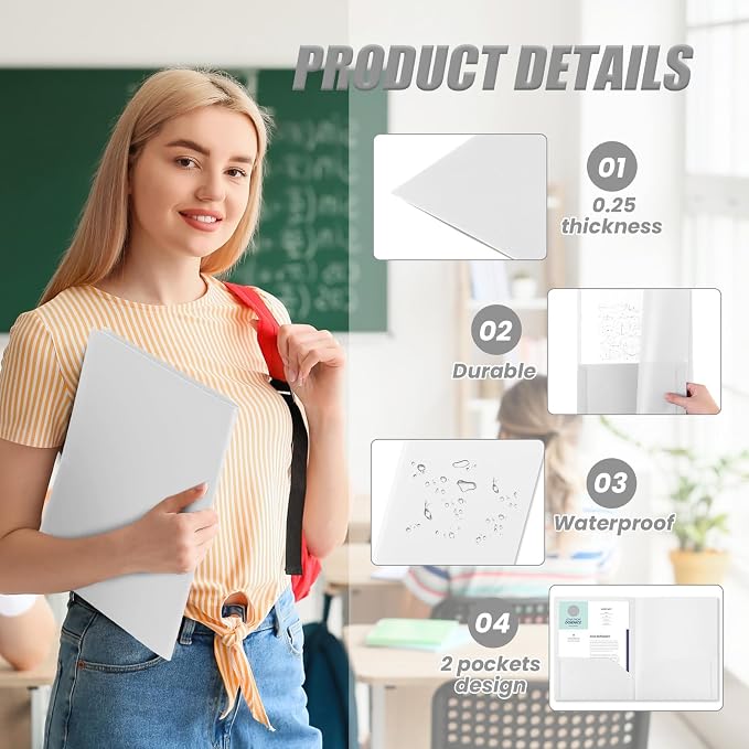 Gueevin 72 Pack Plastic Folder with Pockets, 2 Pocket Folders, Plastic Glossy Folders Fit Letter Size Paper, Heavy Duty Durable File Folder with Business Card for Home Office School (White)