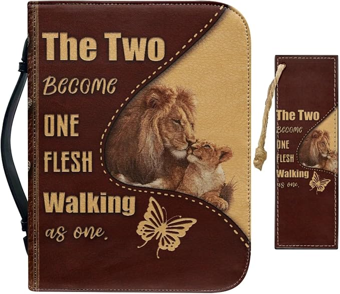 Religious Style Cross and Lion Bible Case with Bookmark Waterproof Bible Cover Case for Women Lightweight Bible Bag with Handle Pockets Church Book Bag Brown